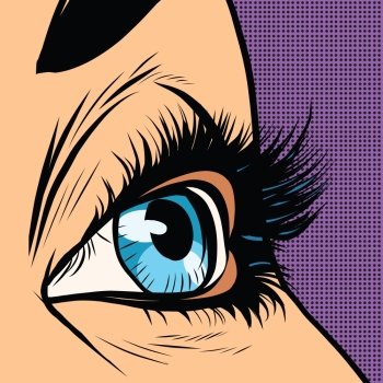 Close-up blue woman eye looks to right pop art retro vector illustration. Close-up blue woman eye looks to right