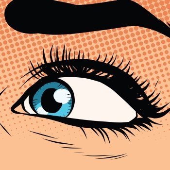 Close-up woman blue eye looking to the left pop art retro vector illustration. Close-up woman blue eye looking to the left