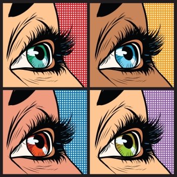 Seth colored eyes, women of many nationalities pop art retro vector illustration. Blue green orange and yellow pupils