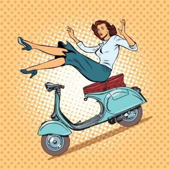 The girl on scooter accident pop art retro vector illustration. The woman and transport. The girl on scooter accident