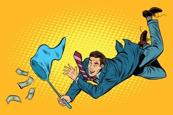 Business man catching money with a butterfly net, pop art retro comic book vector illustration. Dollars and Finance
