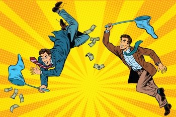 Competition, two businessmen catching money with a butterfly net, pop art retro comic book vector illustration