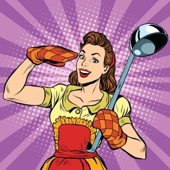 Retro housewife in kitchen, pop art  vector illustration. Cooking and food