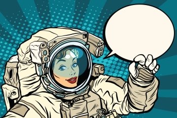 OK gesture female astronaut in a spacesuit, pop art retro vector illustration, science and research