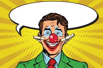 Clown face smile on clothespins, pop art retro vector illustration. Circus artist. Hypocritical joy