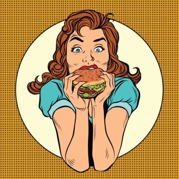 Young woman eating Burger, pop art retro comic book illustration. Restaurants and fast food