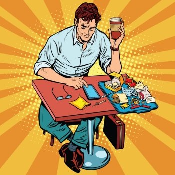 Pop art man eats lunch at a fast food restaurant, retro comic book illustration. Businessman drinks coffee and reads the messages on the smartphone