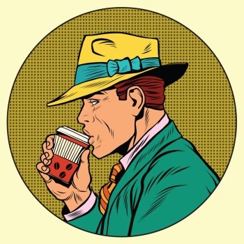 Retro man drinking coffee, pop art comic book illustration