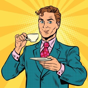 Retro businessman drinking tea, pop art comic book illustration. Business man in cafe