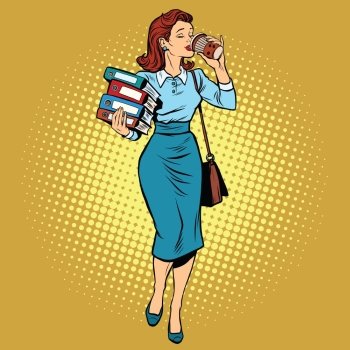 Business woman drinking coffee on the go, pop art retro vector illustration. Businesswoman with reports and documents