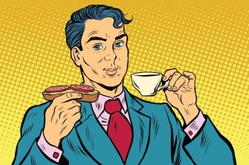 Retro businessman eating Breakfast, coffee and sausage sandwich, pop art vector illustration