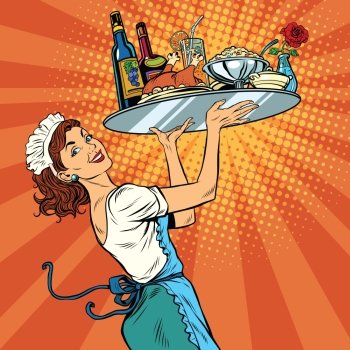 Beautiful young woman waitress in a restaurant, pop art retro vector illustration. Tray holiday dinner