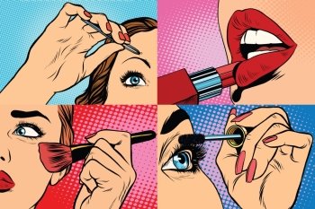 Set of makeup and cosmetic beauty woman, pop art retro vector illustration. Lips, eyes, eyebrows and skin