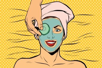 Cucumber mask on woman face, skin beauty, pop art retro vector illustration