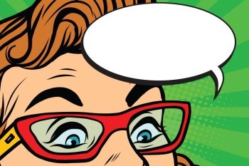 Woman in glasses surprised eyes, pop art retro vector illustration. Comic bubble
