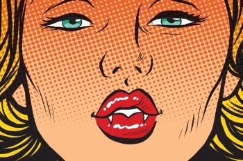 Vampire girl lip kiss, pop art retro vector illustration. Sharp fangs