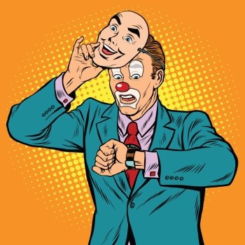 The clown looks at his watch, pop art retro vector illustration. Fake face