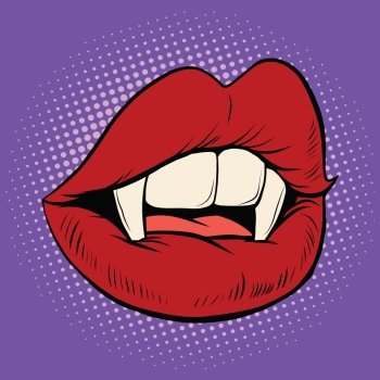 Sexy Halloween vampire mouth female, pop art retro vector illustration. Sharp fangs monster
