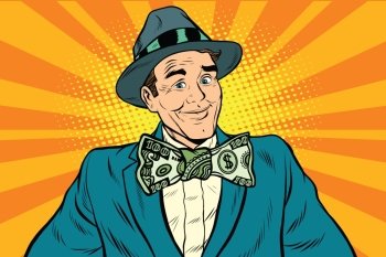 Male businessman in a bow tie dollar money, pop art retro vector illustration