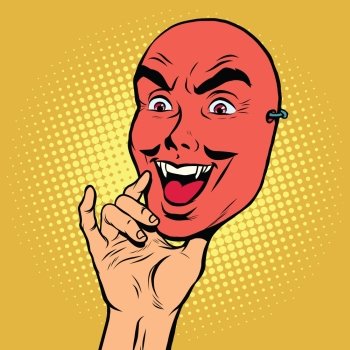 Angry face mask of a man, pop art retro vector illustration. Red devil
