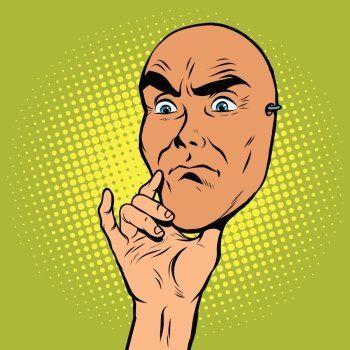 Angry face mask of a man, pop art retro vector illustration. The thinker pose