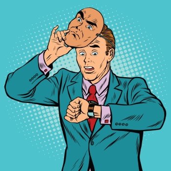 Businessman looking at his watch, time concept, pop art retro vector illustration. Mask angry emotion