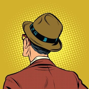 Male viewer stands back, pop art vector illustration. Man in retro suit