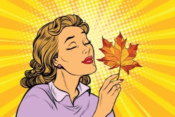 Girl and autumn, a woman with red maple leaf. pop art retro vector illustration. The seasons of nature