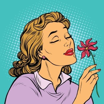Beautiful woman inhaling fragrance of a flower, pop art retro vector illustration. The seasons of nature, romance and love