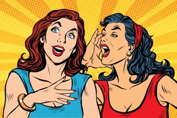 two girls pop art scream, retro vector illustration. Rumors and news