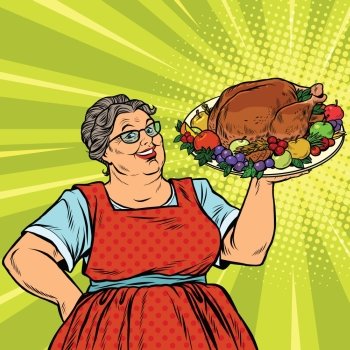 Grandma with a Christmas or Thanksgiving roast Turkey, pop art retro vector illustration. holiday menu. Homemade family dinner