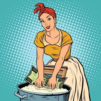 money laundering business concept, retro woman washes the dollar, pop art vector illustration