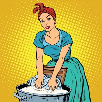 Retro woman laundress to wash clothes, pop art vector illustration. Dirty and clean. Homework