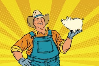 Rural retro farmer with a pig-piggy Bank. pop art retro vector illustration. Money and Finance. Rural retro farmer with a pig-piggy Bank