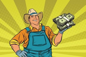 Rural farmer with bundles of money, pop art retro vector illustration. Bank loans and financial profit
