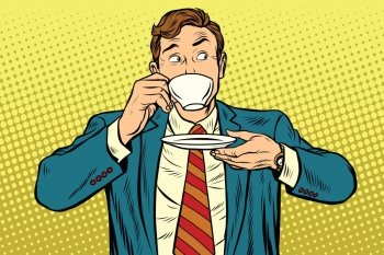 Businessman drinking Cup of coffee looking sideways, pop art retro vector illustration