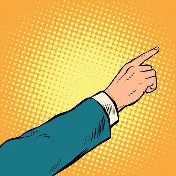Retro hand pointing to the right up, pop art vector illustration