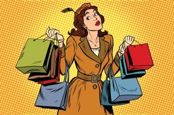 Beautiful retro woman on sale, pop art retro vector illustration. Seasonal and holiday shopping