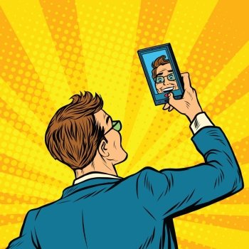Retro man selfie on smartphone pop art retro vector illustration. Retro man selfie on smartphone