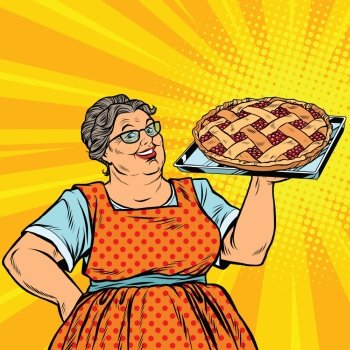 Old joyful retro woman with berry pie, pop art vector illustration. Family dinner and celebration