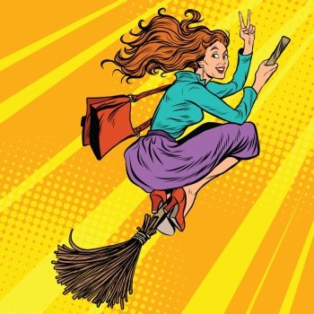 Beautiful woman witch flying on a broom, pop art retro vector illustration. Halloween character. Comic background
