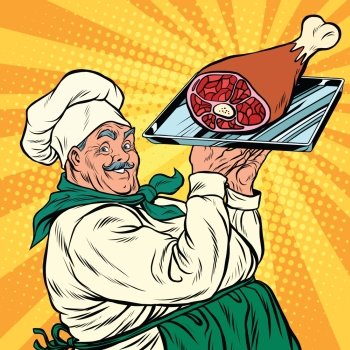 joyful retro cook with meat foot, pop art vector illustration