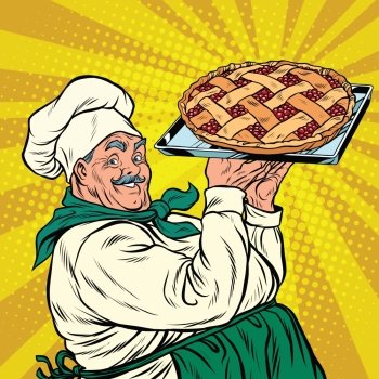 joyful retro cook berry pie, pop art vector illustration