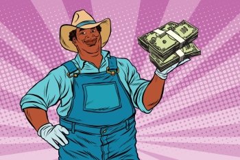 African American farmer with a bundle of money, pop art retro vector illustration