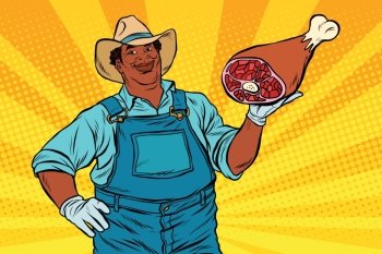African American farmer with meat foot, pop art retro vector illustration