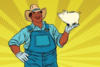 African American farmer with a pig-piggy Bank, pop art retro vector illustration