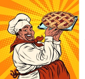 African American or Latino cook with a berry pie, pop art retro vector illustration
