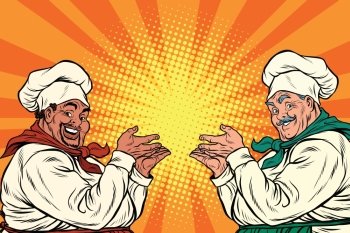 multi-ethnic chefs in the pose of a promoter, pop art retro vector illustration