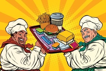 Multi ethnic cooks, fast food, pop art retro vector illustration