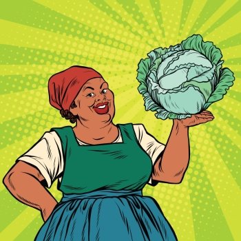 Retro old African-American woman with a head of cabbage, pop art retro vector illustration